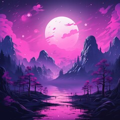Serene Moonlit Landscape with Purple and Pink Skies Reflected in Lake.