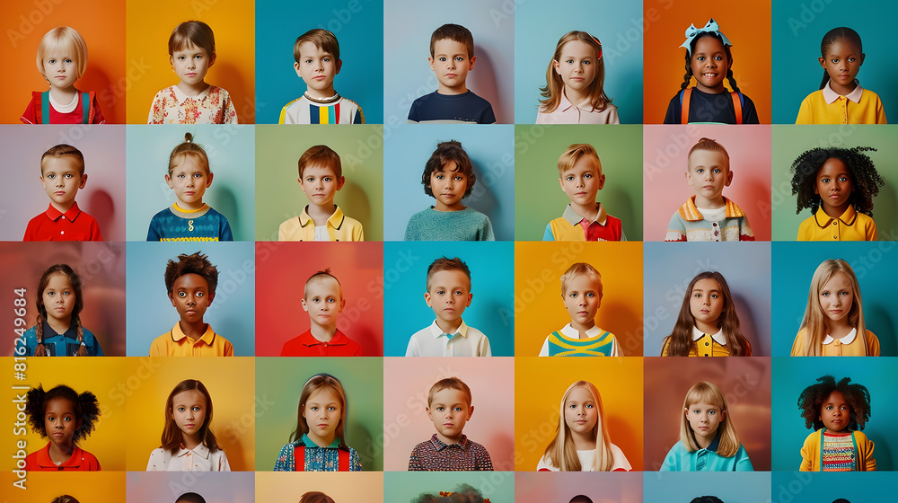 Poster Collage with many little schoolchildren on color background : Generative AI
