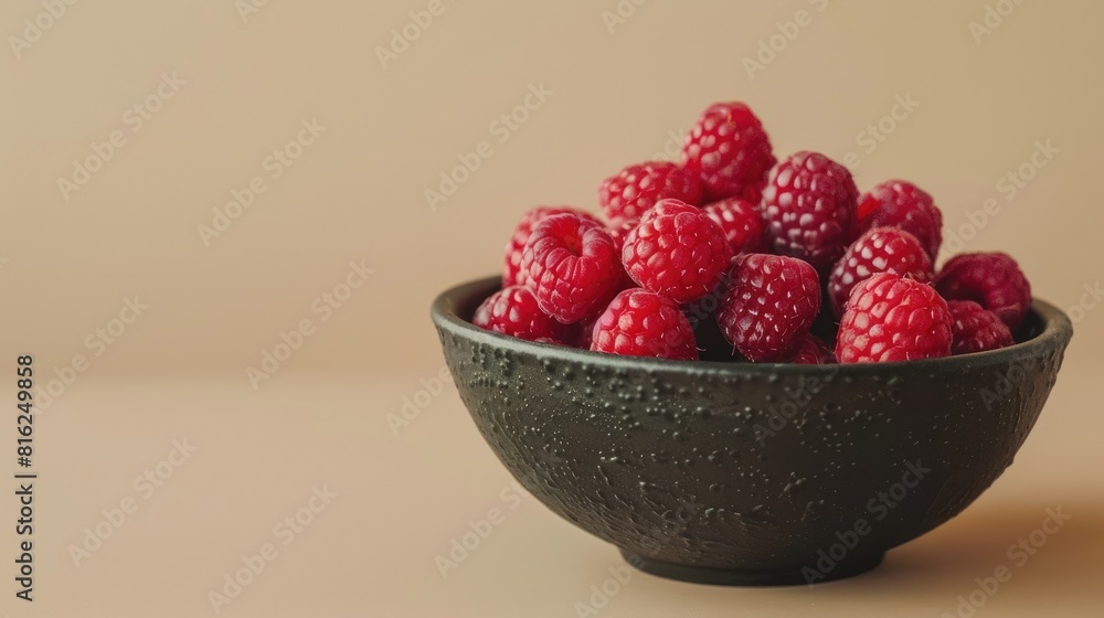 Poster fresh raspberry in a bowl against a beige backdrop in closeup view
