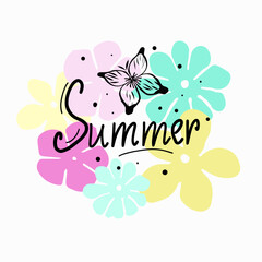 Bright poster with the inscription summer. Hand lettering with abstract flowers in doodle style, butterfly silhouette, dots. Vector illustration