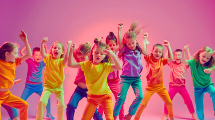 Modern choreography Dance group of happy active little girls and boys in bright clothes in action isolated on pink background in neon Concept of emotions music fashion art childhood ho : Generative AI