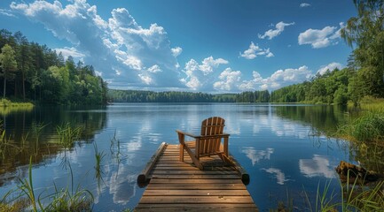 Photo of a wooden dock with an Adirondack chair overlooking the calm waters and blue sky in Sweden, surrounded by lush greenery on both sides of the lake.