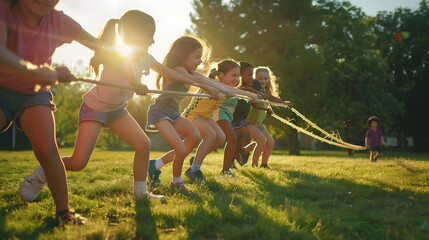 Kids play tug of war in sunny park Summer outdoor fun activity Group of mixed race children pull rope in school sports day Healthy outdoor game for little boy and girl : Generative AI