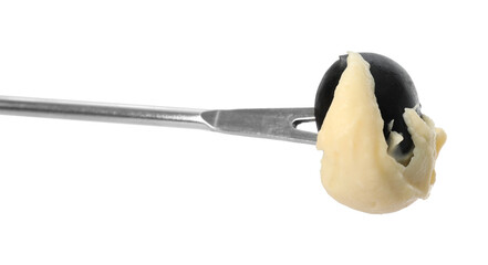 Tasty fondue. Fork with olive and melted cheese isolated on white