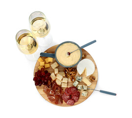 Fondue with tasty melted cheese, forks, different snacks and wine isolated on white, top view