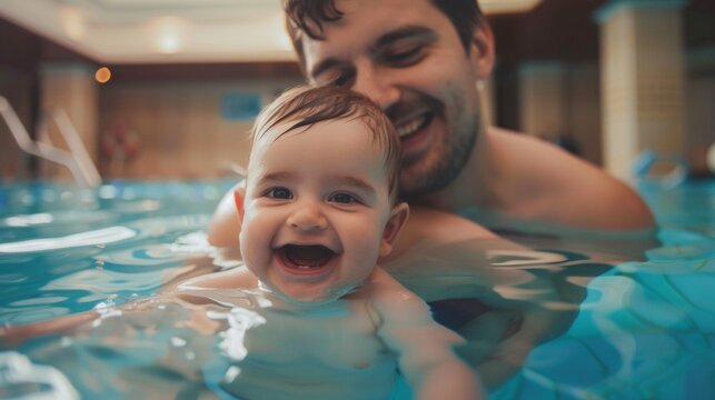 Dad and smiling baby in swimming pool.