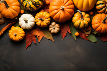 Fall background with pumpkins overhead view with grey copy space - Powered by Adobe
