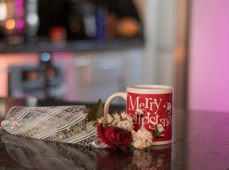 Cups christmas, serving hot tea or water in Christmas mugs