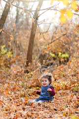 Evening shot of lovely girl with blue outfit seated in a world of leaves, light, and tranquility in autumn park