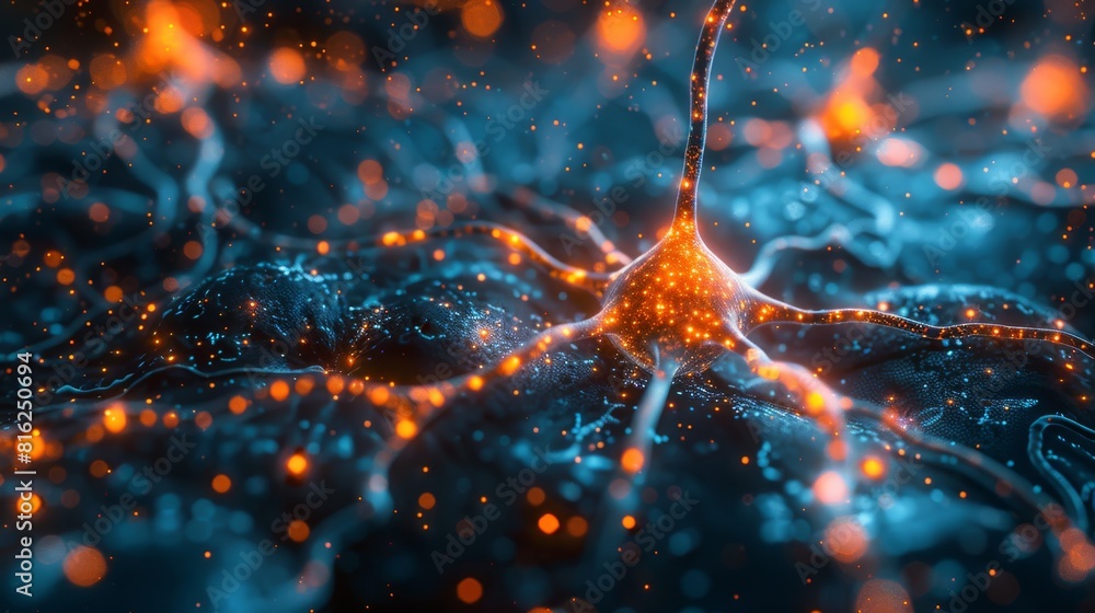 Poster cybernetic communication, digital board with illuminated neural pathways for background, allowing sp