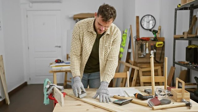 Young man with beard feeling back pain in a carpentry workshop full of tools and wood.