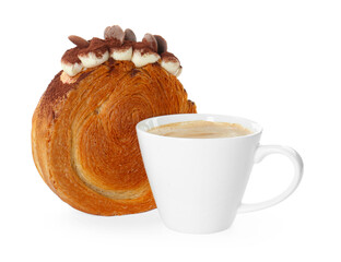 Round croissant with chocolate chips and cup of coffee isolated on white. Tasty puff pastry