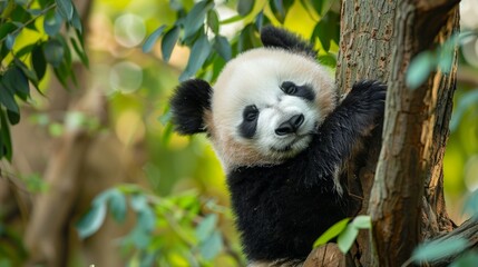Obraz premium A panda bear on tree in wild forest.