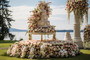 Elegant tiered wedding cake adorned with flowers presented outside