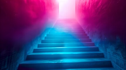 Mystic Staircase in Neon Lights, Surreal Passage Climbing to Illuminated Exit. Conceptual Artwork with Vivid Colors. AI