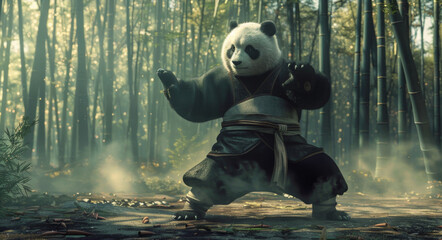 3D cartoon character of a panda doing kung-fu in bamboo forest.