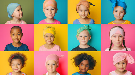 Many different children on color background International Childhood Cancer Day : Generative AI