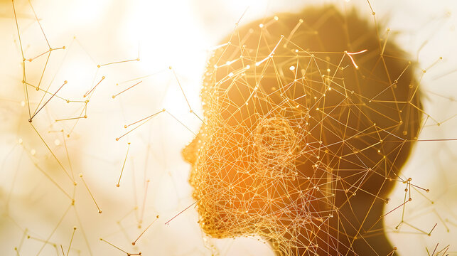 Childhood nostalgia concept Network of pins and threads in the shape of a cut out child head inside a man head symbolising the inner child inside every human beign : Generative AI