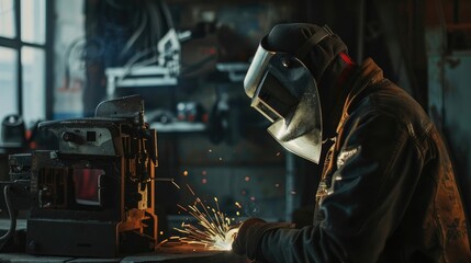 a man in a mask works with a welding machine. Selective focus. realistic