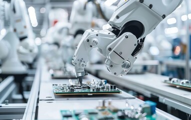Photo of high-tech industrial robot arms in a production line at a factory, working on an electronic board for the software development industry.