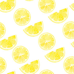 watercolor seamless pattern with yellow lemon fruits. Whole and slice lemons. Illustration for design, textile, fabric, wrapping paper, napkin.