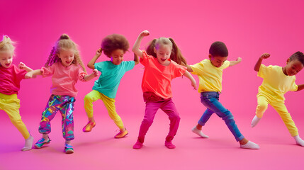 Modern choreography Dance group of happy active little girls and boys in bright clothes in action isolated on pink background in neon Concept of emotions music fashion art childhood ho : Generative AI