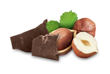 Milk chocolate and hazelnuts isolated on white