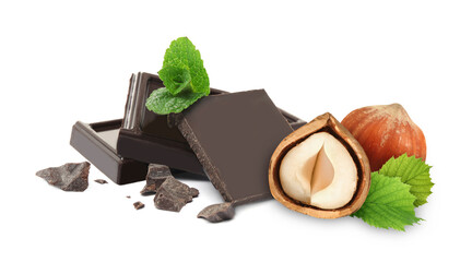 Dark chocolate and hazelnuts isolated on white