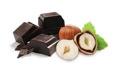 Dark chocolate and hazelnuts isolated on white