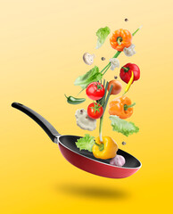 Frying pan and different vegetables in air on yellow gradient background