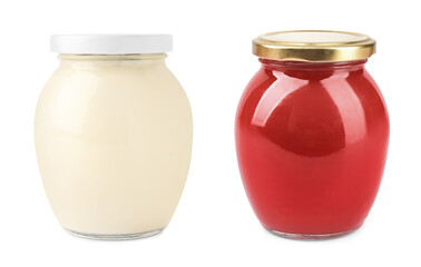 Mayonnaise and tomato sauce in jars isolated on white, collage