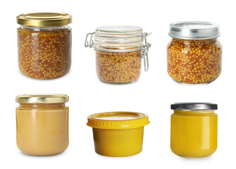Different mustard sauces in jars isolated on white, set