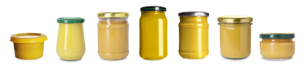 Mustard sauces in jars isolated on white, set