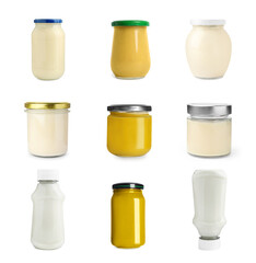 Different delicious sauces isolated on white, set