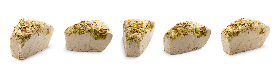 Pieces of tasty halva with pistachios isolated on white, set