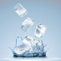 Ice cubes falling into water on light blue gradient background