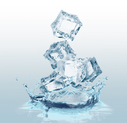 Ice cubes falling into water on light blue gradient background