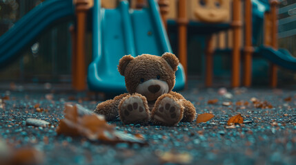 Lost teddy bear toy lying  on playground floor in gloomy dayLonely and sad brown bear doll lied down alone in the park Lost toy or Loneliness conceptInternational missing Children day : Generative AI