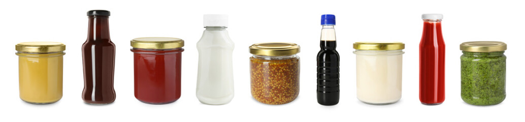 Different delicious sauces isolated on white, set