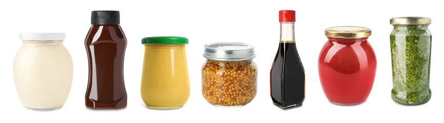 Different delicious sauces isolated on white, set