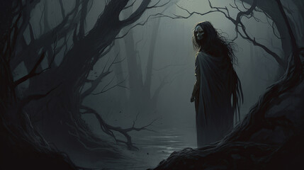 A figure cloaked in darkness, surrounded by twisted branches and gnarled roots of a haunted forest, moonlight barely piercing through the dense canopy, casting eerie shadows across their face, conveyi