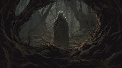 A figure cloaked in darkness, surrounded by twisted branches and gnarled roots of a haunted forest, moonlight barely piercing through the dense canopy, casting eerie shadows across their face, conveyi