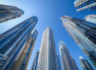 Skyscrapers in the center of dubai, low angle view, blue sky, business district, skyscraper buildings, architecture photography.