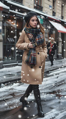 Woman Embracing Winter Fashion: Chic and Cozy in Beige Woolen Coat and Leather Boots