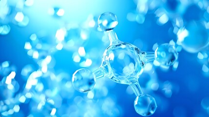 Close-up of a molecule model in a sea of blue. Conceptual scientific image. Ideal for educational and medical use. 3D Render. AI