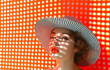 Image of a woman with a stylish hat set against a vibrant pop art-inspired red dot background