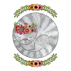 Cute cartoon vector sleeping cat, flowers and leaves isolated on white background