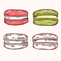 Macaron dessert with cream vector coloring page for coloring book. Bake sweet dessert product.