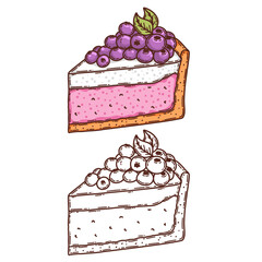 Berry cheesecake with cream vector coloring page for coloring book. Bake sweet dessert product.