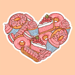 Pastry sweet vector stickers collection. Cupcake, macaron, cream topping, cookies and donut, confectionery set. Heart shape